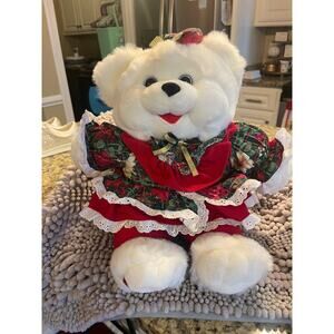 Holiday Plush Bear Dan Dee plush Vintage Bear fancy Dress with Bow